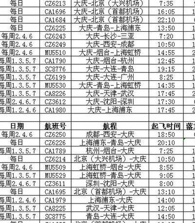 大庆航班时刻表（大庆航班时刻表2023最新）