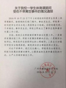 广州增城一小学生体育课受伤死亡,校方:被倾倒的足球门砸中